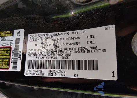 2014 Toyota Tundra Sr5 5.7L V8 z USA, uszkodzony, nr VIN 5TFUW5F1XEX403284